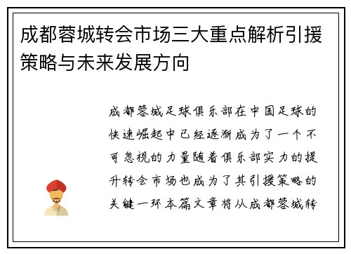 成都蓉城转会市场三大重点解析引援策略与未来发展方向
