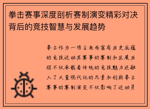 拳击赛事深度剖析赛制演变精彩对决背后的竞技智慧与发展趋势