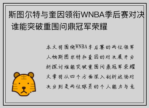 斯图尔特与奎因领衔WNBA季后赛对决 谁能突破重围问鼎冠军荣耀