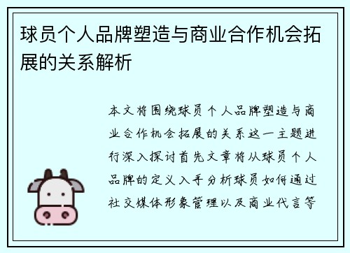 球员个人品牌塑造与商业合作机会拓展的关系解析