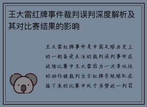 王大雷红牌事件裁判误判深度解析及其对比赛结果的影响